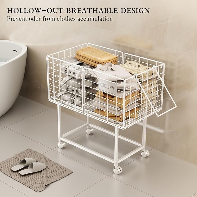 Rolling Laundry Cart, 80L Wire Laundry Hamper Basket on Wheels, Dirty Clothes Basket with Handle, Metal Clothes Hamper Organizer for Laundry Room, Bathroom, Bedroom, Dorm, White
