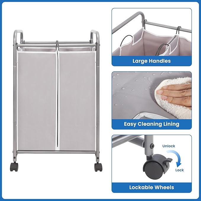 STORAGE MANIAC Laundry Sorter 2 Section, 90 L Gal Laundry Hamper with Wheels, Clothes Basket Separator Sorter, 2 Bag Clothes Cart with Wheels and Removable Bags for Closet, Dorm, Collage, Grey