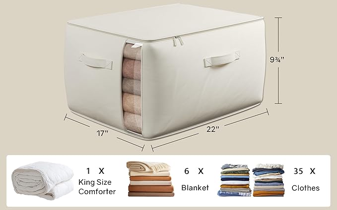 TomVista Large Canvas Clothes Storage Bags with Thick Handles and Clear Window, Foldable Cotton Linen Underbed Closet Organizer for Clothing, Blankets and Bedding, 60L, 3 Pack, Beige