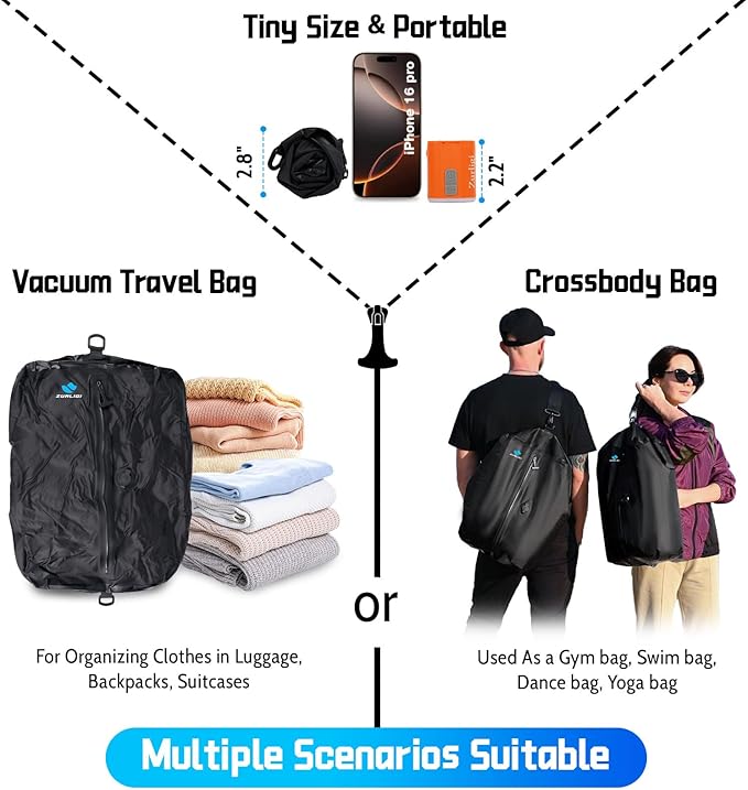 Zurligi Vacuum Bags with Pump for Travel – IPX8 Waterproof Reusable Carry-On Compression Bags for Clothes, Suitcase & Luggage(2-Pack, Black)