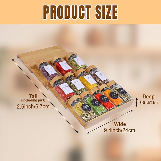 Bamboo Spice Rack for Drawer with 12 Jars,4 Tier Stackable Seasoning Storage Organizer Insert,for kitchen condiments storage insert（Combined Size:18.9" D x 9.5" W x 1.8" H）
