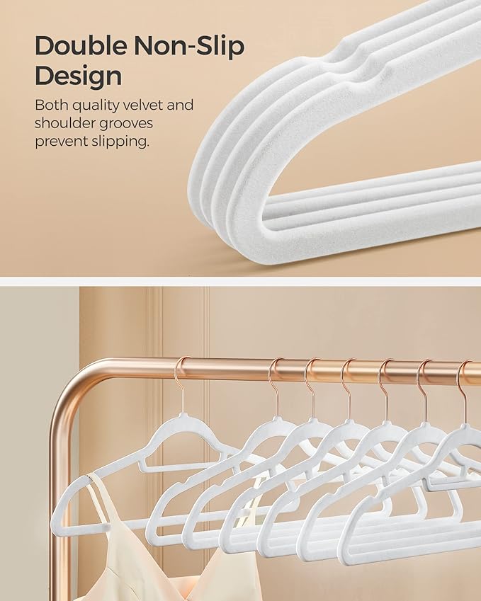 SONGMICS Velvet Hangers, Set of 50 Clothes Hanger with Rose Gold Swivel Hook, Non-Slip, and Space-Saving, 0.2-Inch Thick, 17.1-Inch Long for Coat, Shirt, Dress, Pants, Tie, Cloud White UCRF021W02