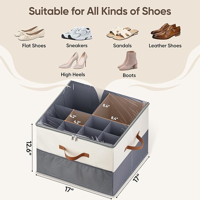 MSTONAL Shoe Organizer for Closet, 1 Pack Shoe Storage Container with Adjustable Dividers, Space Saving Shoe Box Storage Organizer Bin with Clear Lid and 4 Handles, Fits 8-16 Pairs, Beige & Grey