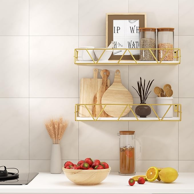 Floating Shelves Set of 3, Home Wood Wall Shelf, Farmhouse Shelf for Bedroom, Wall Mounted Floating Shelf for Living Room, Bedroom, Bathroom, Kitchen, Office (Gold)
