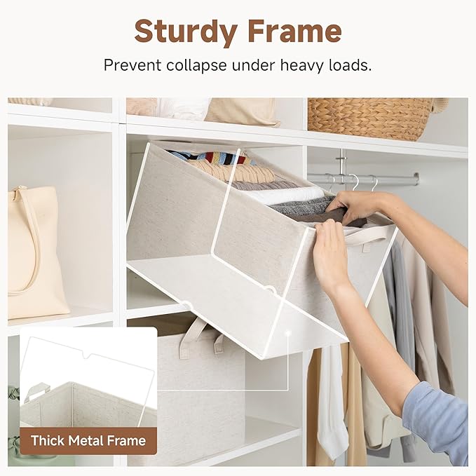 StorageWorks Storage Bins, Shelves Baskets for Organizing, 45L Extra Large Fabric Closet Organizers with Handles, Metal Frame, Beige-Cotton-linen, 2-Pack