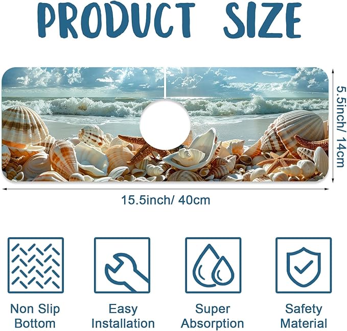 Beach Kitchen Sink Splash Guard Faucet Mat Shells Starfish Waves Super Absorbent Fast Drying Mat Sink Splash Guard Behind Faucet for Kitchen Bathroom, 15.5"x5.5"