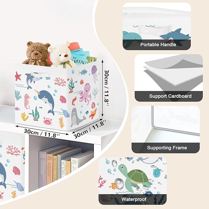 Clastyle Ocean Animals Storage Cube Organizer Set Handle Closet Clothes Cube with Metal Frame Foldable Parents Organizer Storage Basket for Book Toy,White,11.8x11.8x11.8 in