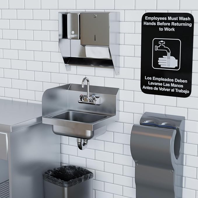 AmGood Stainless Steel Wall Mount Hand Sink with Faucet and Left Sidesplash 17" x 15" | NSF Commercial Hand Washing Basin For Restaurant, Kitchen and Home | Bowl Size: 10" x 14"