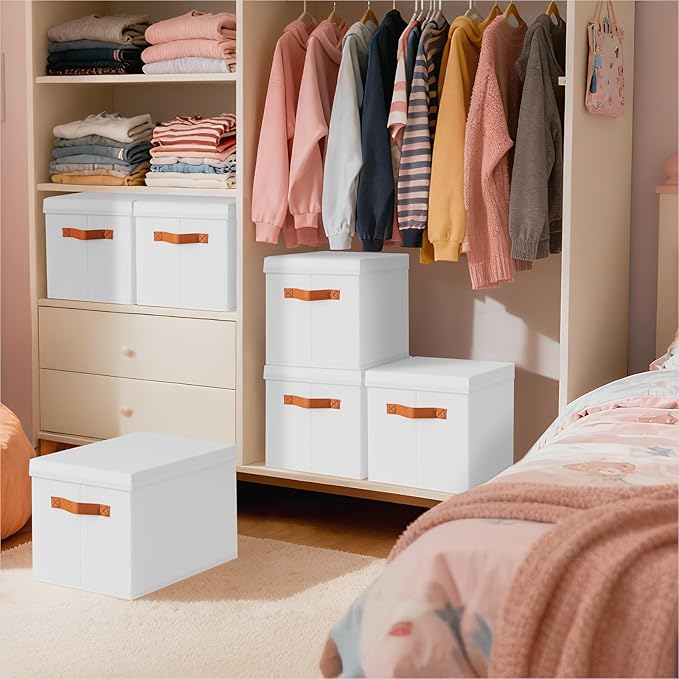Storage Bins with Lids - Fabric Storage Baskets for Shelves, 6 Pack Foldable Decorative Boxes with Handles, Stackable Organizer Bins for Home, Nursery, Dorm, White