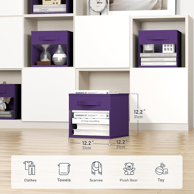 DIMJ Cube Bins, 12.2-Inch Storage Bins Cubes with Window, 6 Packs Collapsible Storage Bins with Handles, Closet Storage Baskets for Organizing Living Room, Office, 6 Pack,Purple