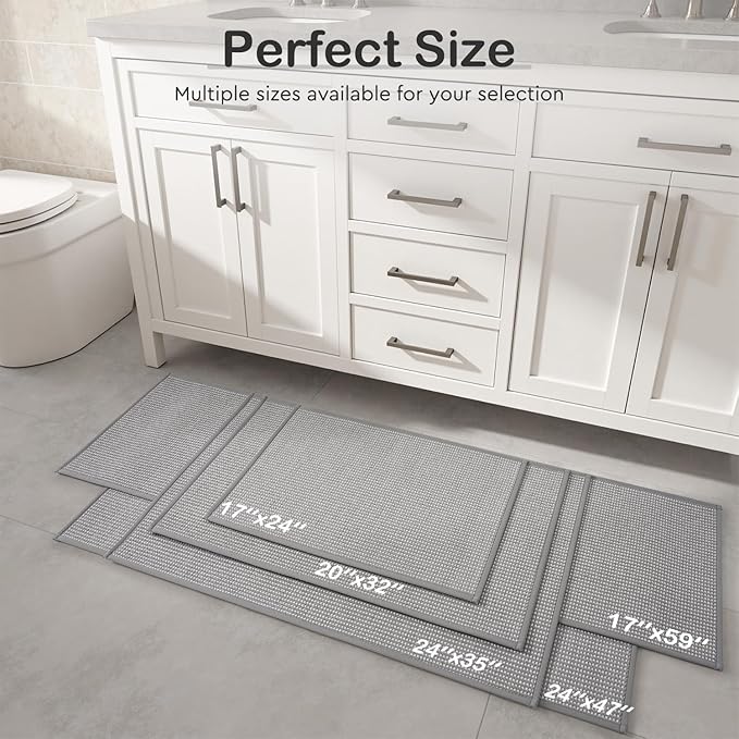 MontVoo Bathroom Runner Rugs,Chenille Absorbent Bath Mat Runner Quick Dry Rubber Backed Bath Runners Non Slip Washable Long Bathroom Rugs,Ultra Thin Bath Rugs Fit Under Door,17"x59",Grey
