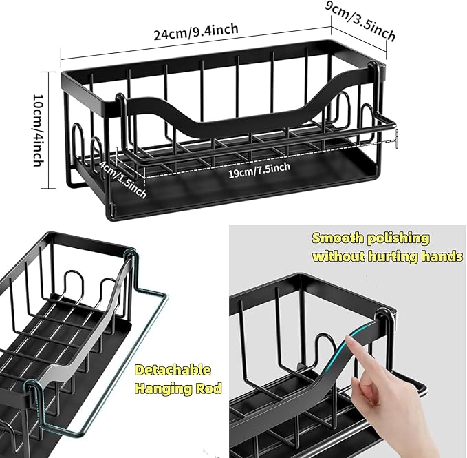Kitchen Sink Organizer Stainless Steel Sponge Holder with Automatic Drainage Tray and Detachable Rag Rack