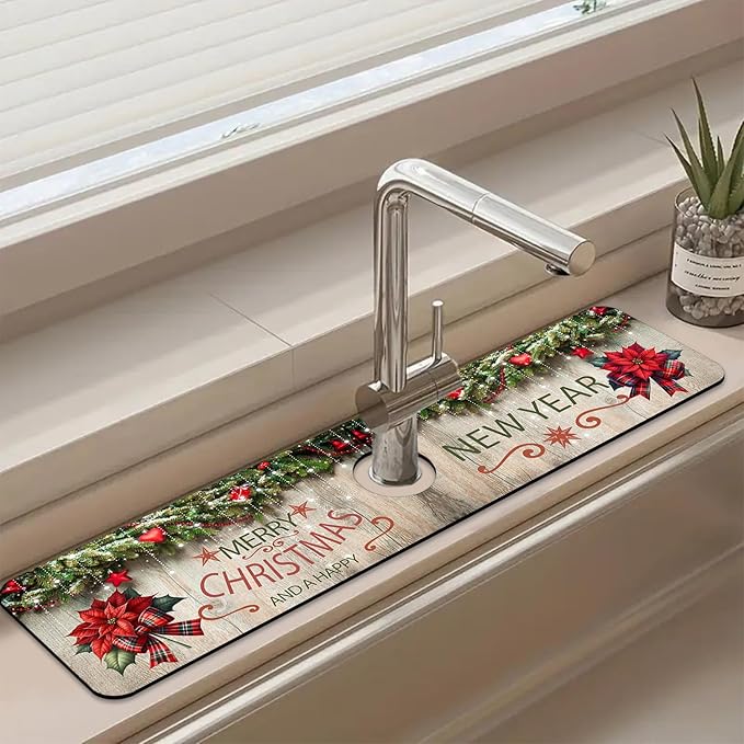 Chrismas Sink Splash Guard Faucet Mat Cute Christmas Absorbent Fast Drying Mat Sink Gadgets Splash Guard Behind Faucet Drip Catcher for Kitchen Bathroom 23.5"X5.5"