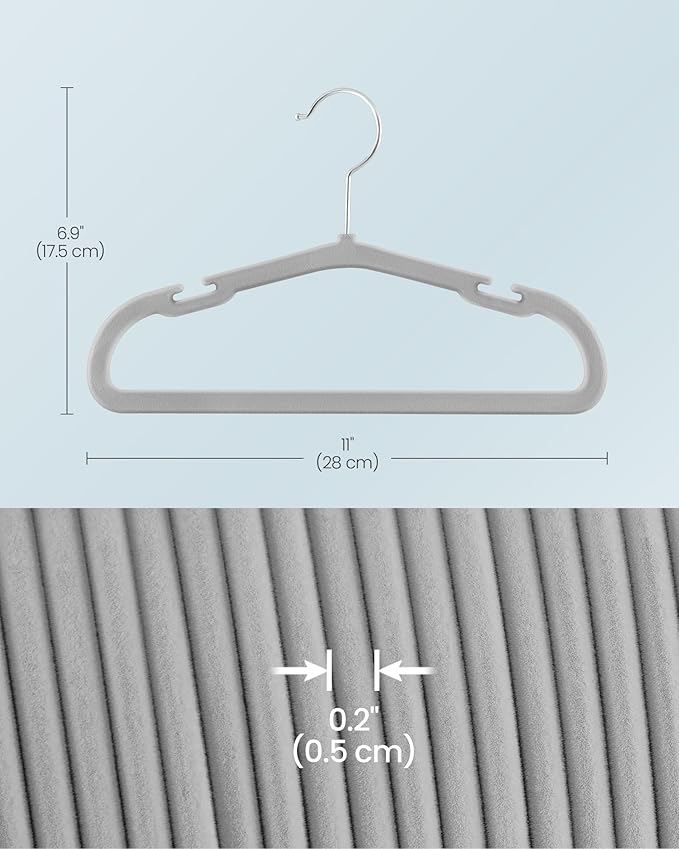 SONGMICS Baby Hangers 50 Pack, 11 x 6.9 Inches, Non-Slip Velvet Kids Hangers for Closet, Space-Saving, Wide Shoulder Notches, Dove Gray UCRF037G01