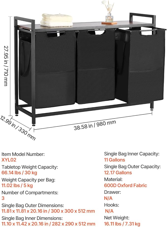 VEVOR 3 Section Laundry Sorter, Large Laundry Hamper with Metal Frame and Wooden Tabletop, Freestanding Storage Organizer Baskets with Pull-Out 600D Oxford Cloth Bags for Dirty Clothes, Bathroom