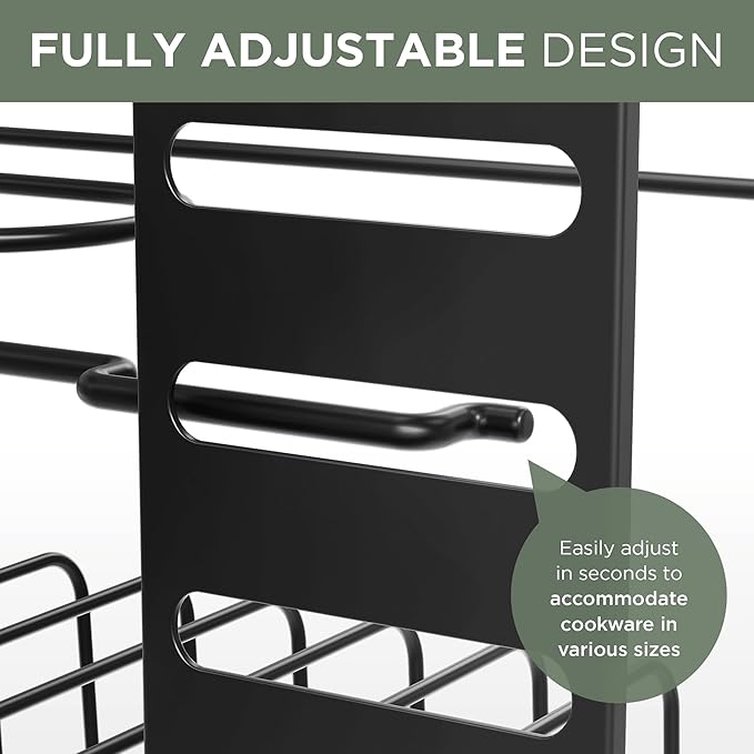 7-Tier Pots and Pans Organizer Under Cabinet - Cooking Pot Lid Organizer for Cabinet with Basket for Utensils, Lid Rack - Adjustable Vertical Holder Cookware Storage, Steel Pot Rack for Kitchen