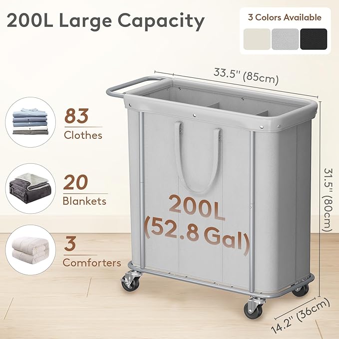 Lifewit 200L Large Laundry Basket with Wheels, Tall 3 Section Laundry Hamper Organizer, Rolling Laundry Cart with Steel Frame & Removable Bag for Luandry Room Bathroom Bedroom, Silver Gray