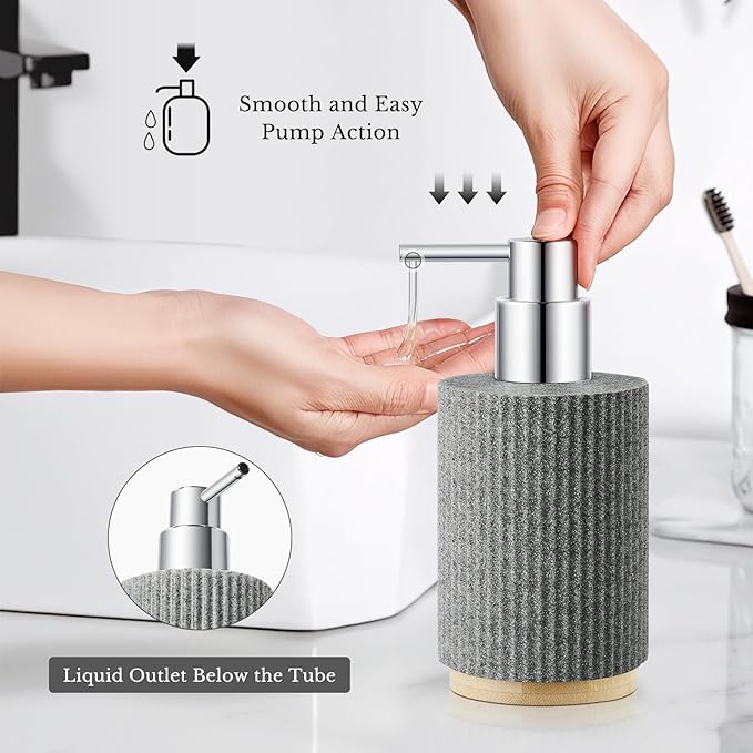 7PCS Bathroom Accessories Set, with Soap Dispenser, Q-tip Holder, Toothbrush Holder, Tumbler, Soap Dish, Vanity Tray, Complete Bathroom Accessory Set Organizer Countertop for Modern Home Decor, Grey