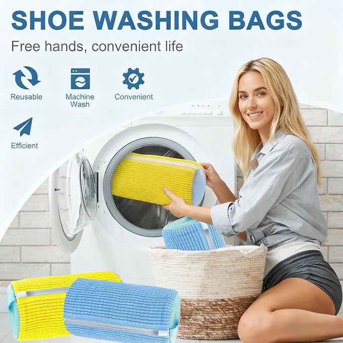 Shoe Washing Machine Bag, 4-Pack Reusable Laundry Shoe Bags for Washer & Dryer, 360° Deep Cleaning Mesh Bags with Self-Locking Zipper for All Shoes Types Including Sneakers (2 Blue & 2 Yellow)