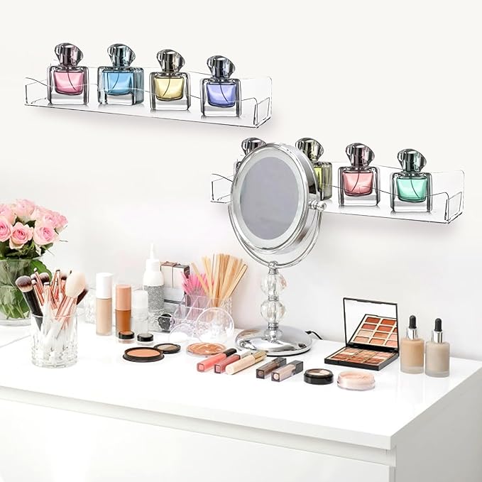 Peohud 4 Pack Acrylic Spice Rack Wall Mount, 15 Inch Clear Acrylic Floating Shelves, Hanging Perfume Organizer Display Rack for Nail Polish, Sunglasses, Figurine, Seasoning, Condiment, Kitchen, Pantry
