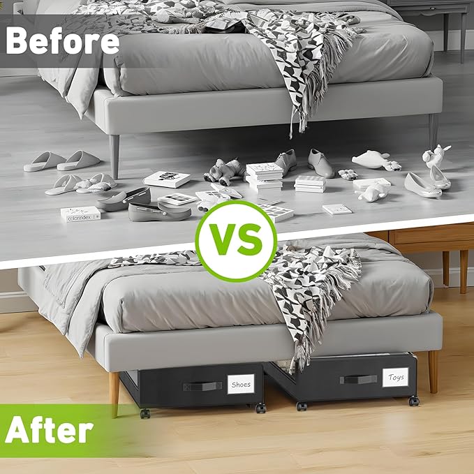 Beborxue Under Bed Storage with Wheels, 2-Pack Under the Bed Storage Containers with Lids, XXL 60L Under Bed Shoes Storage Organizer Bins, Rolling Underbed Storage for Clothes, Shoes, Blankets (Black)