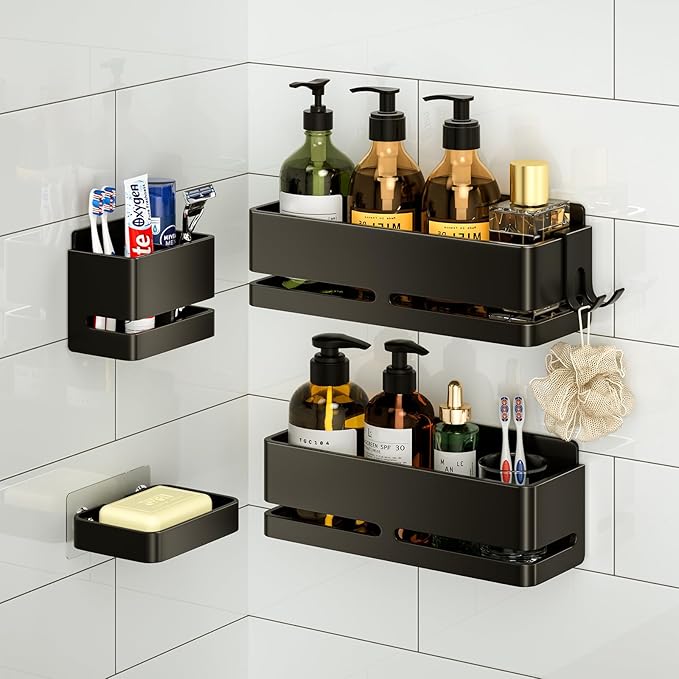 YESENT Bathroom Shower Caddy (5-Piece Set), Wall-Mounted Shelf with soap Dish and Toothbrush Holder, no Drilling Required, Ideal for Bathroom Storage and Also Suitable for Kitchen (Black)