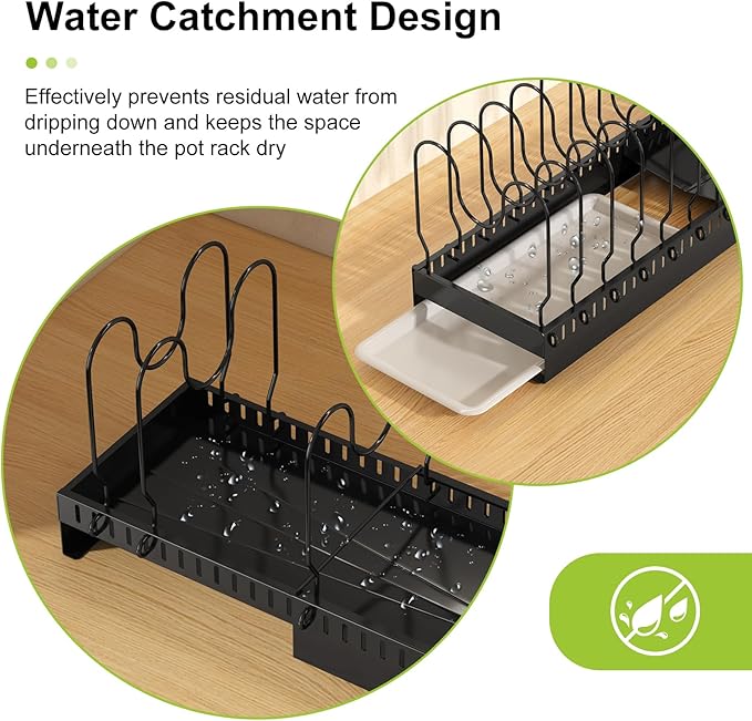 Pots and Pans Organizer Under Cabinet with Drain Board, Expandable Pot Lid Organizer inside Cabinet Holder with 10 Adjustable Compartment, Rack for Cutting Board, Sheet Pan, Cookware, Black