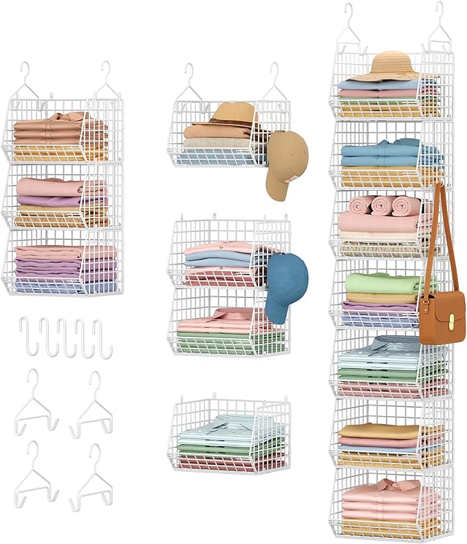 7 Tier Hanging Closet Organizer and Storage, Foldable Wire Closet Shelving with 4 Large Hooks+5 S Hooks,Hanging Basket for Clothes Sweaters Shoes Handbags,Wardrobe Kitchen Laundry Room-White