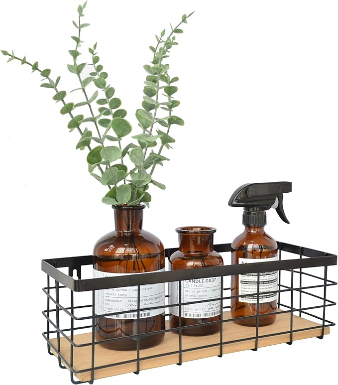 Metal Wire Basket Detachable Wood Base Storage Organizer Farmhouse Hanging Basket for Kitchen Cabinets, Bathroom, Pantry, Laundry Room,1 Pack in Black Color,Medium Size