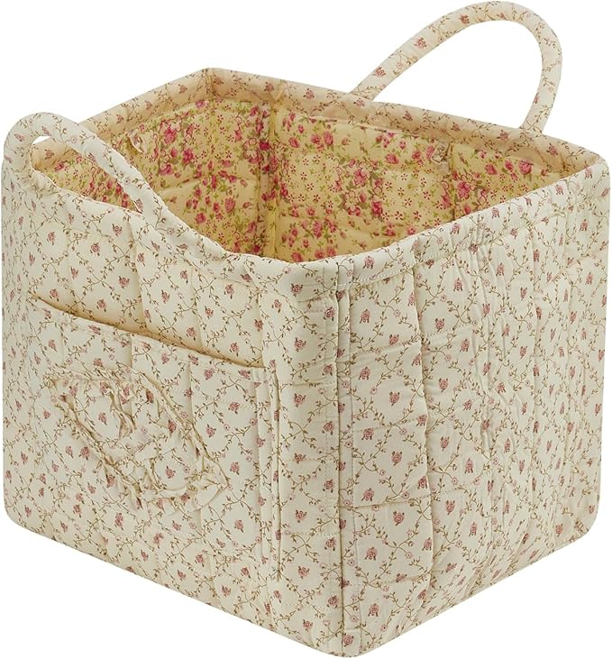 Quilted Fabric Storage Basket with Handles & Pocket, Foldable Laundry Hamper Boho Floral Print Organizer Bin for Home, Picnic, Office 12"x10"x10" (A-2)