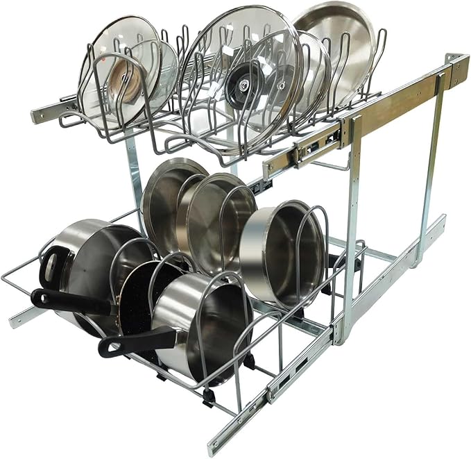 2 Tier Pull Out Pot and Pan Organizer,(20½"W x 22" D) Pull Out Cabinet Organizer for Pot Pan Lid Organization, Individual Pull Out Cabinet Organizer for 24 inch and above cabinet