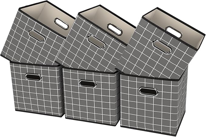 Black Foldable Storage Cubes Bins, Fabric Storage Box Cubes Organizer Baskets with Dual Handles for Home Organizer,Set of 6,(Grey grid)