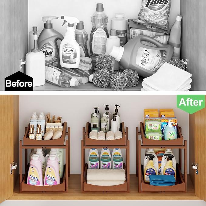 Bamboo Under Sink Organizer and Storage, 2 Pack Pull Out Cabinet Organization, 2 Tier Vertical Slide Out Undersink Storage Shelf, Multi-Purpose Organizer Shelves for Kitchen Bathroom Medicine, Brown
