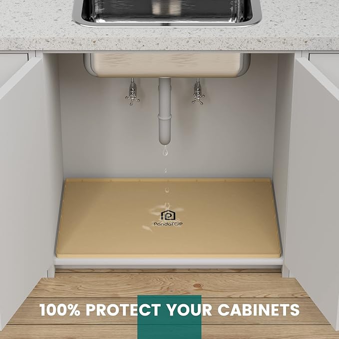Under Sink Mat, 34" x 22" Silicone Kitchen Cabinet Tray, Waterproof & Flexible Under Sink Liner for Kitchen Bathroom and Laundry Room(Beige)