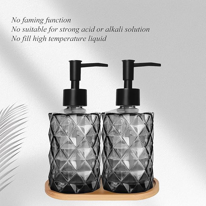 2PCS Black Glass Diamond Soap Dispenser Set, 12 oz, 2 Pack, Reusable, Refillable, Eco-friendly, Clear, Tray & Plastic Pump, Kitchen, Bathroom