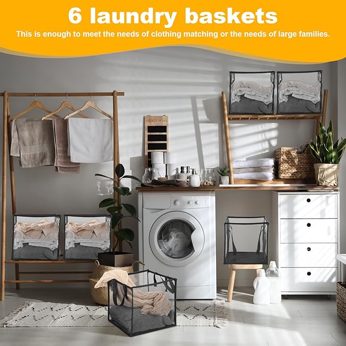 6 Pack Popup Laundry Hamper Collapsible Laundry Baskets with Handles Mesh Clothes Baskets Portable Single Layer Foldable Clothes Hamper Square Bin for Washing, Toy Storage