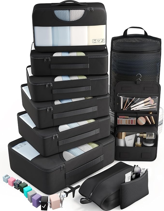 Veken 10 Set Packing Cubes for Travel Essential, Suitcase Organizer Bags in 4 Sizes, Carry-On Luggage Accessories with Large Laundry & Hanging Toiletry Bag, Must-Have for Airplane, Road Trip & Camping