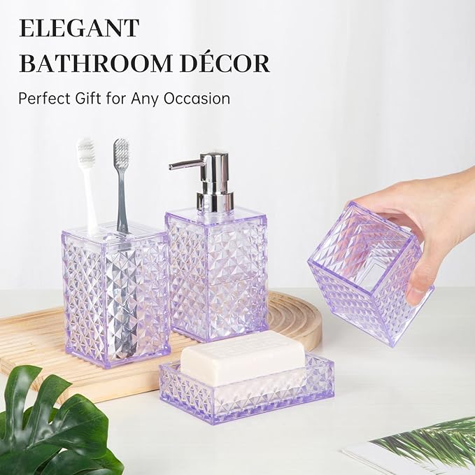 Bathroom Accessory Set, 4 Pcs Plastic Bathroom Set Include Soap Dispenser, Soap Dish, Toothbrush Holder, Mousewash Cup, Modern Bahtroom Décor Set, Space Save for Bathroom(Light Purple)