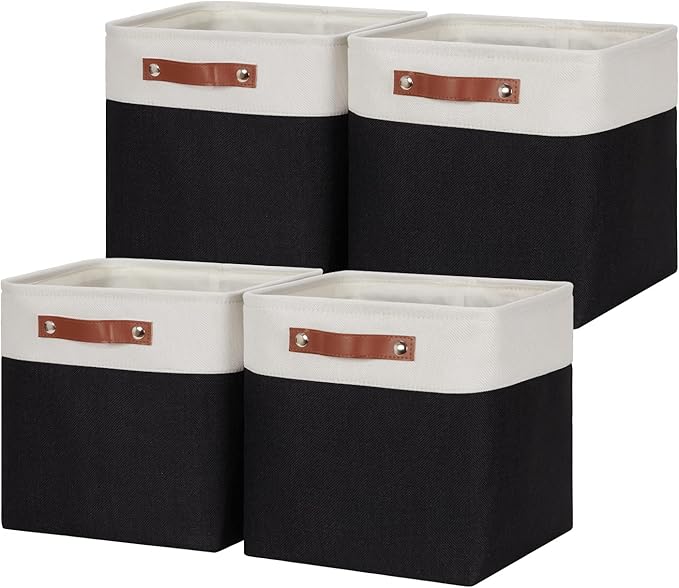 HNZIGE Foldable Storage Basket set,Fabric Storage Baskets for Shelves,Linen Closet Organizers (4 Pack) Storage Baskets,11x11 Storage Basket for Books,Clothes,Gifts with Handles(White&Black)
