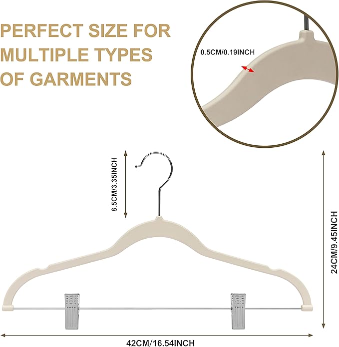 Quality Plastic 20-Pack Non Velvet Non-Flocked Thin Compact Coat Hangers with Metal Clips for Skirts Pants Blouses 360° Swivel Hook (Ivory, 20)