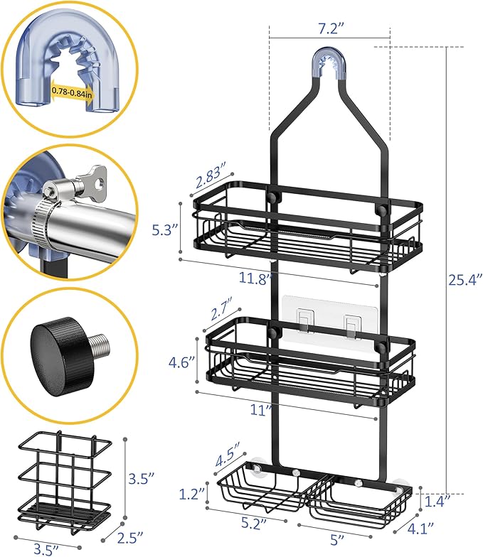 OMAIRA Shower Caddy Organizer Hanging, Adjustable Stainless Steel No Drilling Non-Slip Bathroom Caddy Organizer Storage Shelves for Inside Bath Over Shower Head Rack Holder, Black