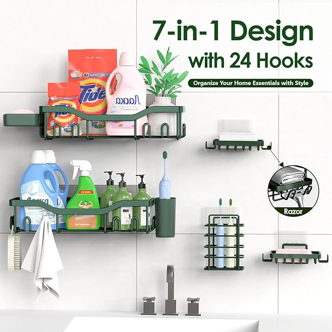 Shower Caddy Adhesive Shower Organizer 7-Pack, Rustproof Stainless Steel Bathroom Shelves, Large Capacity No-Drill Rack Storage Accessories with Soap Dish Toothbrush Holder Hooks