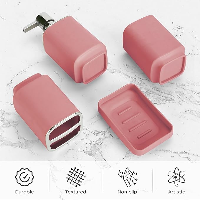 4Pack Bathroom Accessories Set, Bohemian Bathroom Sink Set, Contain Soap Dispenser, Toothbrush Holder, Soap Dish & Mouthwash Cup,Square soap and Toothbrush Holder Set