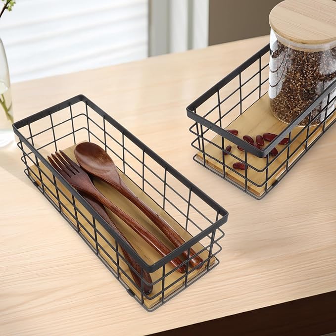 Set of 2 Small Wire Baskets, Narrow Black Metal Storage Bins for Bathroom Counter & Kitchen, Farmhouse Rustic Organizer Trays for Pantry, Office, RV, Countertop Decoration