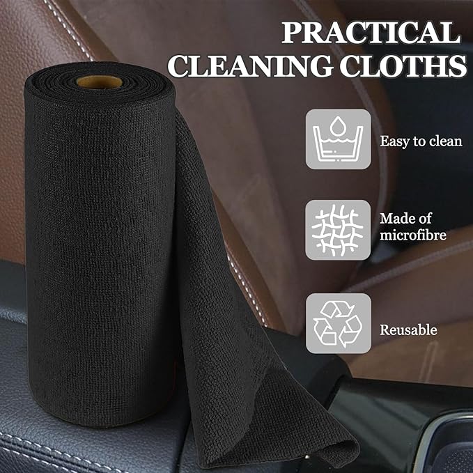 wuyaoyao 50PCS Microfiber Cleaning Cloth Roll, 10"×10" Tear Away Microfiber Towels, Reusable Washable Cloth Paper Towels, Multi-Purpose Cleaning Rags for Car Home Kitchen Garage Shop (Black)