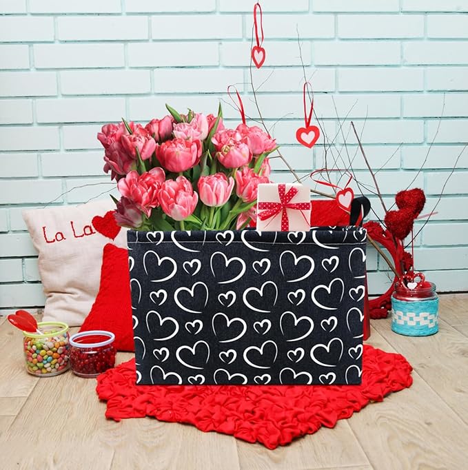Rectangular Black Basket,Gift Basket Empty,Heart Print Toy Bin with Handles,Kids Toys/Books Box,Room Decor(Black Love)