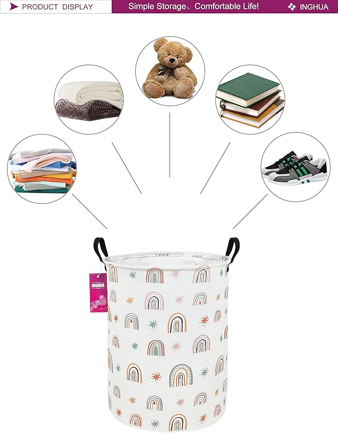 Laundry Hamper Large Canvas Fabric Lightweight Storage Basket/Toy Organizer/Dirty Clothes Collapsible Waterproof for College Dorms, Boys and Girls Bedroom,Bathroom(Star Rainbow)