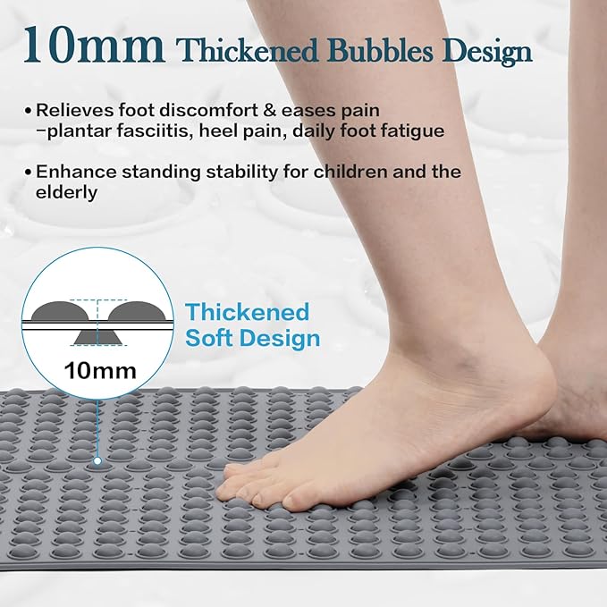 Joiyota Silicone Push Pop Bath Mat with 391 Suction Cups,33x17.3 Inch Non-Slip Tub Mat for Adults, Superior to Foldable Mats for Safety & Stability with Drain Holes, Gray Thickend Soft Shower Mat