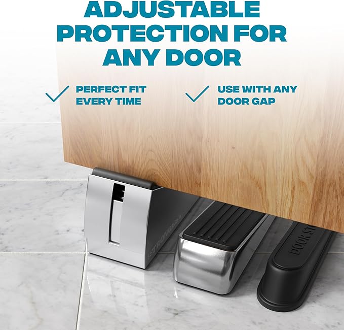Strongest Home 2 Pack XL Adjustable Chrome Door Stopper with Spring – Heavy Duty Wedge for Oversized, Thick & Heavy Doors, Anti-Slip Rubber Grip, Commercial, Home & Outdoor Use on Carpet, Wood & Tile