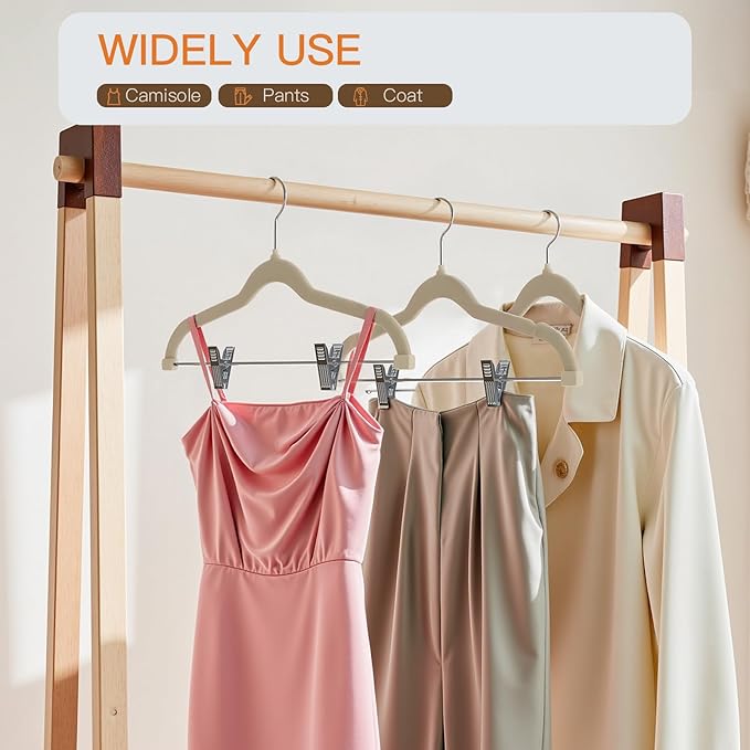 Flottian 24 Pack Beige Velvet Pants Hanger,Velvet Hangers with Clips Adjustable,Space-Saving Slim Flocked Hanger,Heavy Duty Non Slip Hangers for Skirts,Coats,Pants,Dress